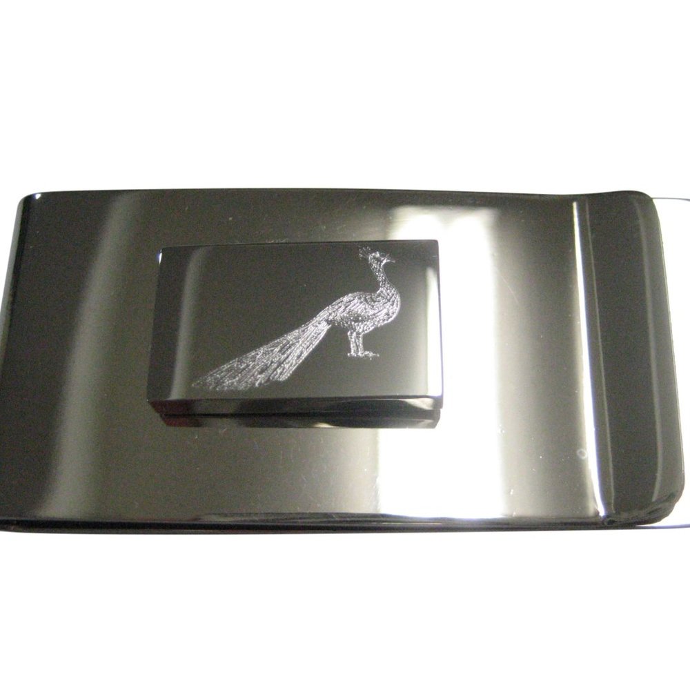 Silver Toned Rectangular Etched Peacock Bird Money Clip